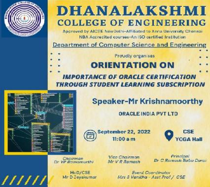 Orientation on Importance of Oracle Certification Through Student Learning Subscription Organized by CSE of DCE, on 22 September 2022