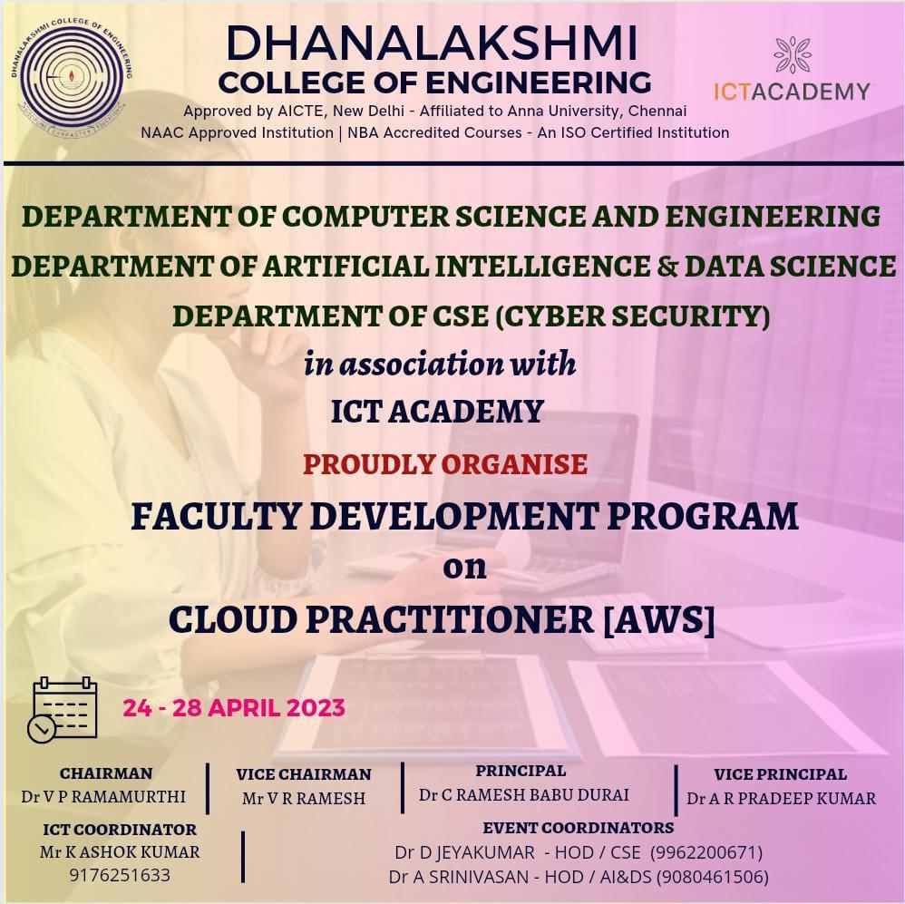 Faculty Development Program on “Cloud Practitioner [AWS], Organized by CSE,Cyber Security and AI&DS of DCE, on 24 April 2023